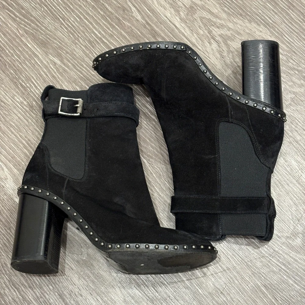 Rag & Bone Romi Black Suede Studded Belted Block Heel Ankle Boots 6.5 Moto Biker